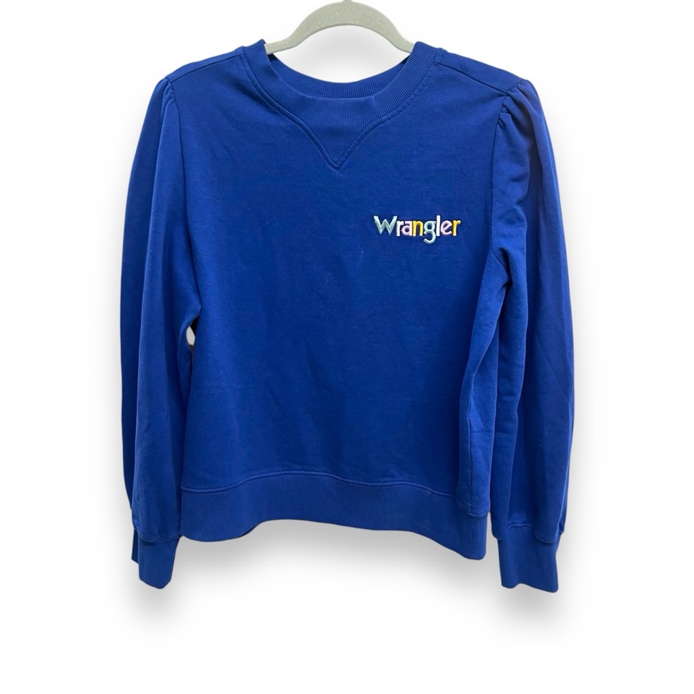 Wrangler‎ Retro Sweatshirt Blue Puff Sleeve Embroidered Logo Pullover Small